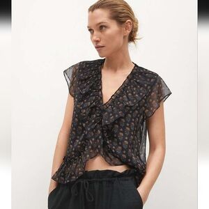 MANGO Black & Yellow Floral Ruffled Mock WrapTop. Size XS NWT